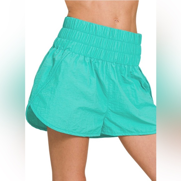 Zenana Outfitters Pants - NWT! ZENANA Turquoise Windbreaker Smocked High Waistband Running Shorts
